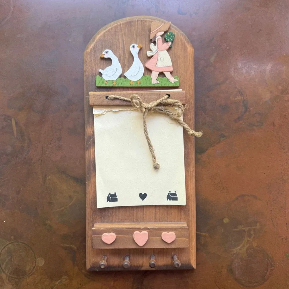 Vtg 90s Goose Wooden Note Board Key Rack Farmhouse Kitchen Country Girl Geese